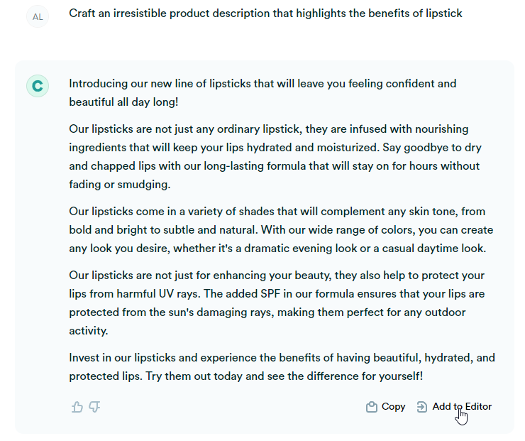 CopyAi add to editor feature
