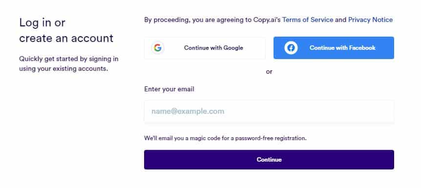 CopyAi login page