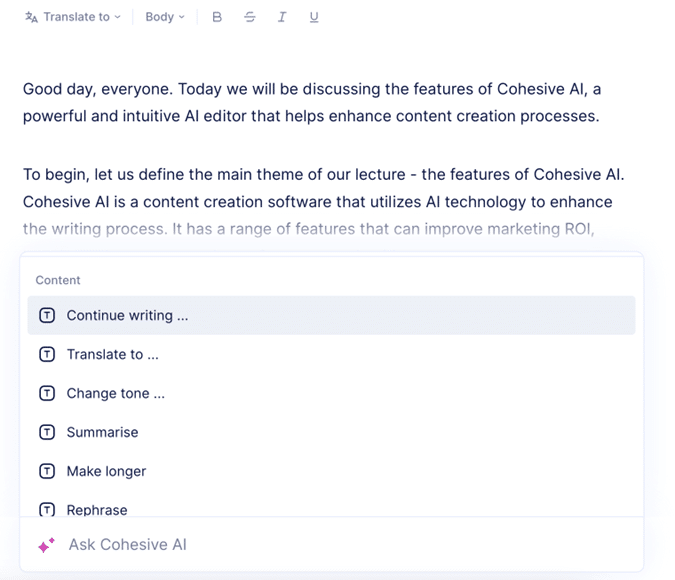 Cohesive content modification feature