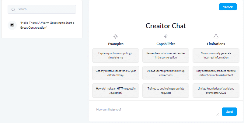 Creaitor.ai Chat feature