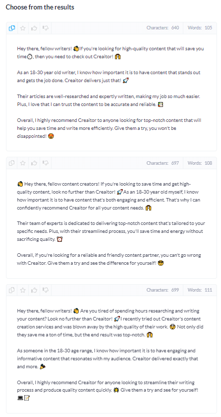 Creaitor.ai choose from the results