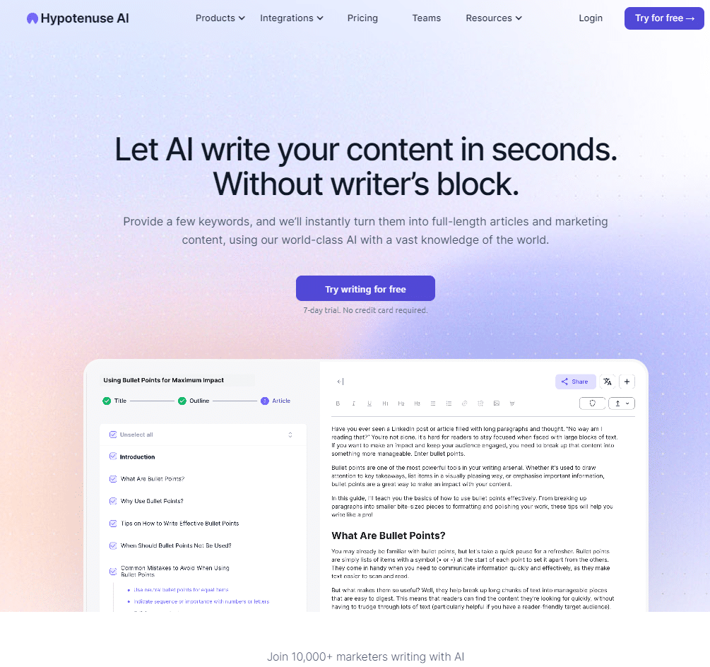 3rd ai writing tool: Hypotenuse AI homepage