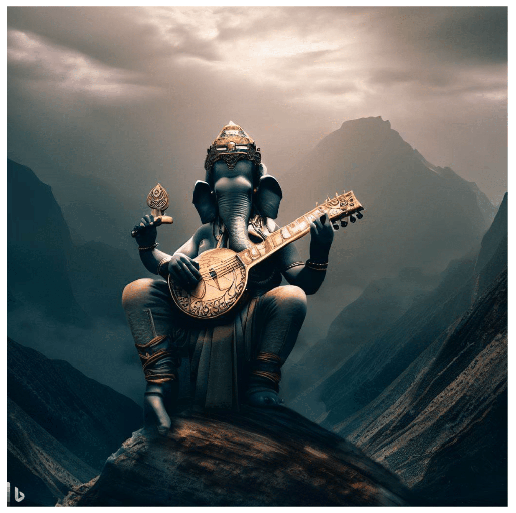 Ganesha playing a sitar while standing amongst dramatic mountains