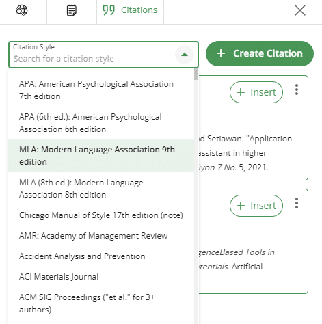 AI Writing Tool: QuillBot citation styles options