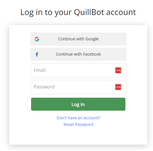QuillBot Log in page