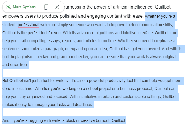 QuillBot sample edit (more options)