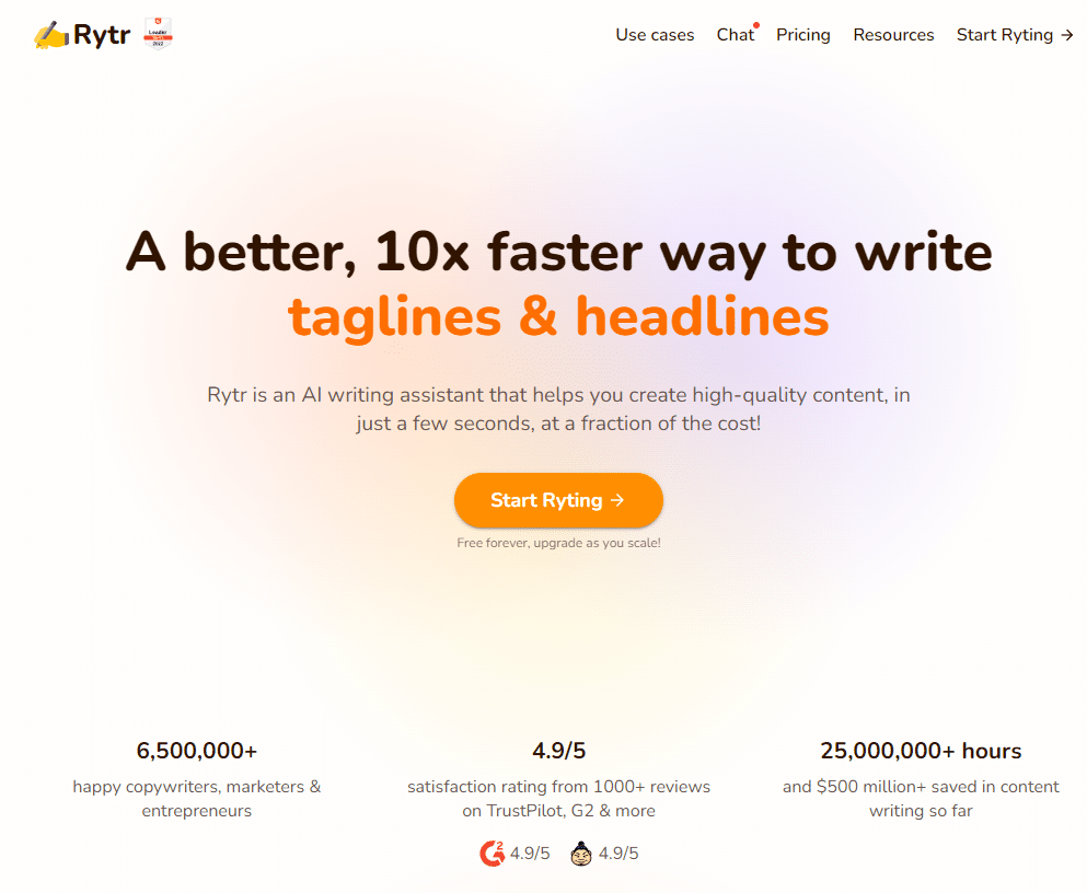 10th AI writing tool: Rytr homepage