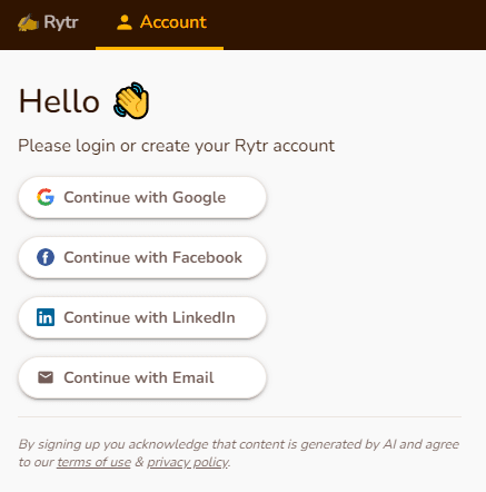 Rytr log in page