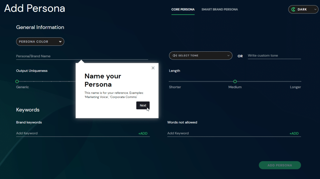 Writerly AI Add Persona feature