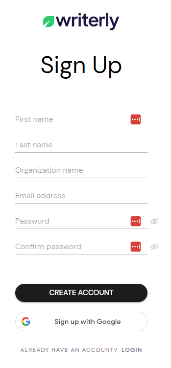 Writerly AI sign up page