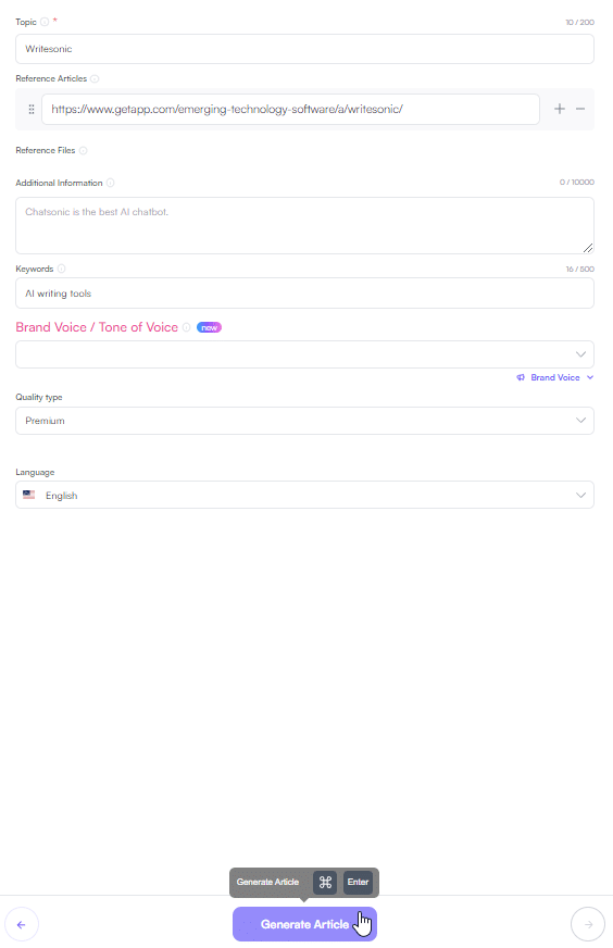 writesonic ai article writer enter information
