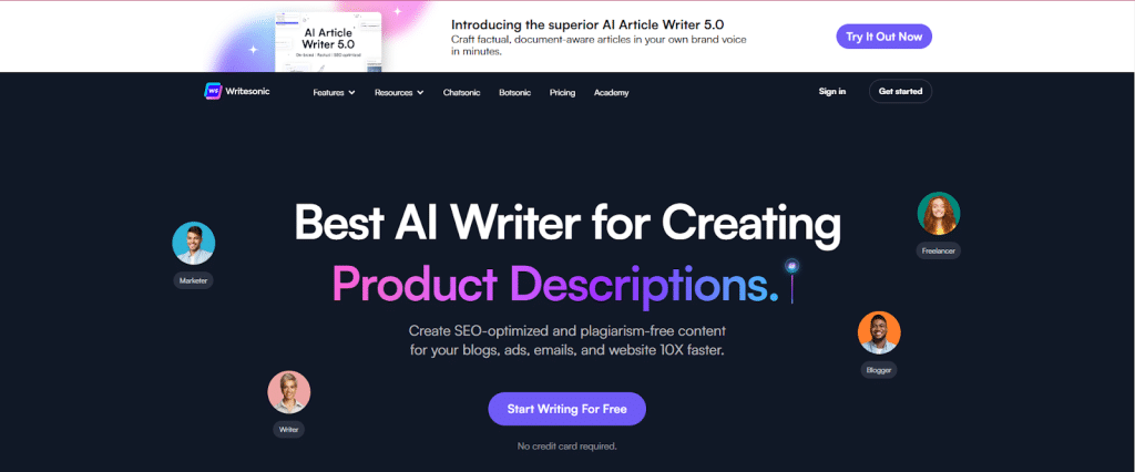 4th ai writing tool: Writesonic homepage