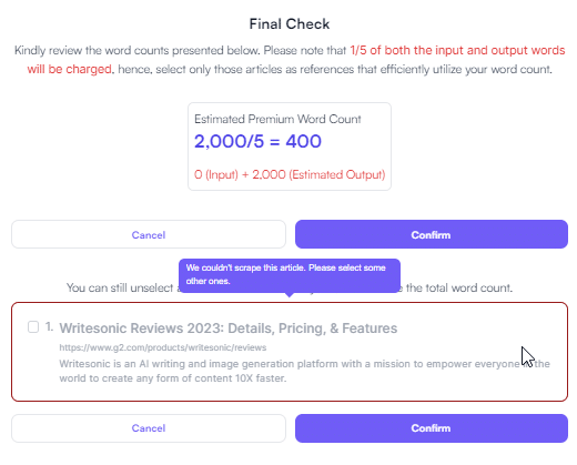 Writesonic AI's limitations: couldn't scrape some article