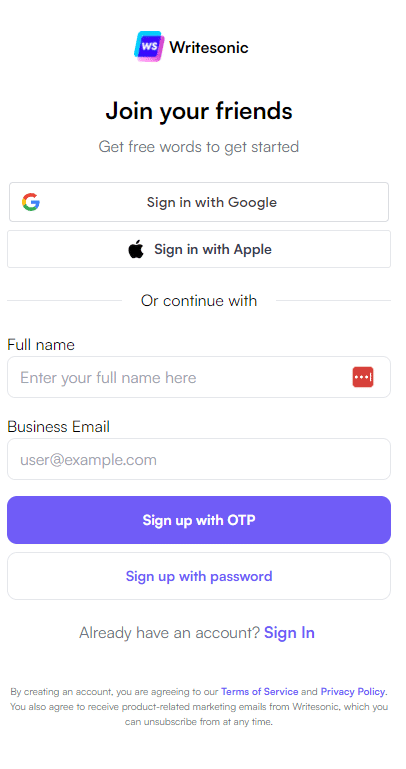 Writesonic sign up page