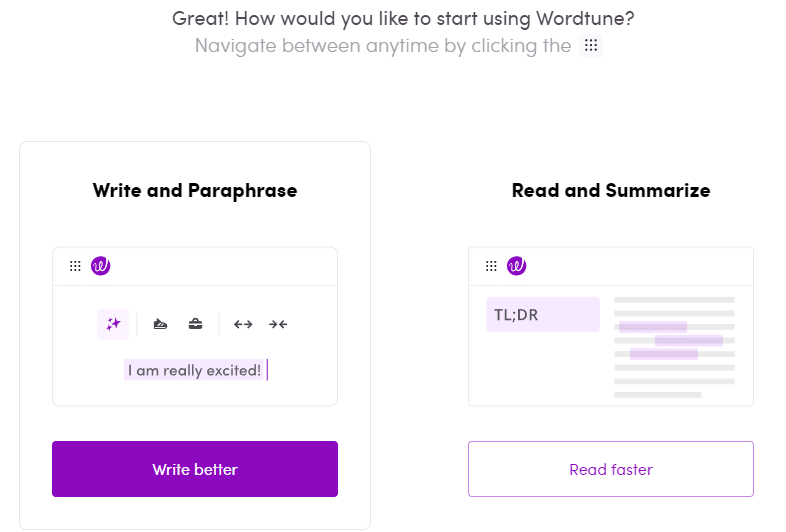 Wordtune features: Write and Paraphrase and Read and Summarize