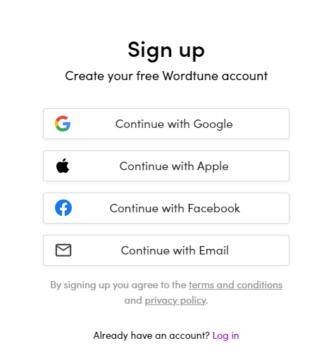 Wordtune sign up page