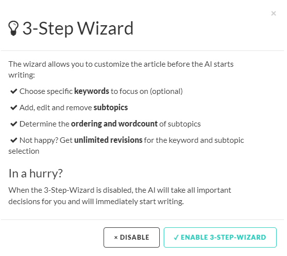 AI Writer feature: 3-Step Wizard