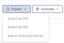 Export options for generated concepts of storyboards 