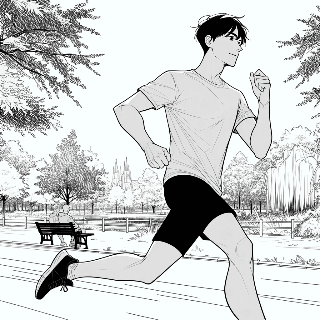 A young man with short dark hair, wearing dark shorts and a white tee shirt running in a park.